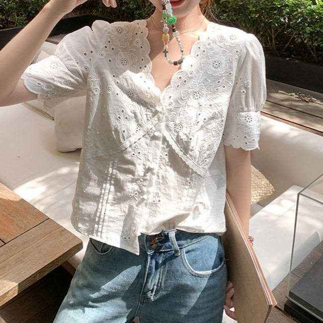 Women'S Fashion Petite - Blusa de manga corta con cuello